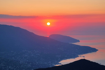 Fiery sunrise on Mount Ai-Petri, Crimea