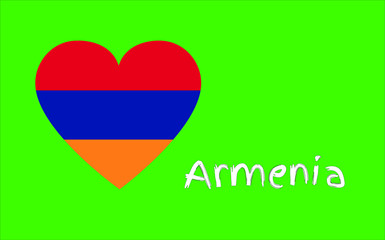 Obraz premium National tricolor flag of the republic of Armenia in the shape of a heart with white text on a green background, vector icon 