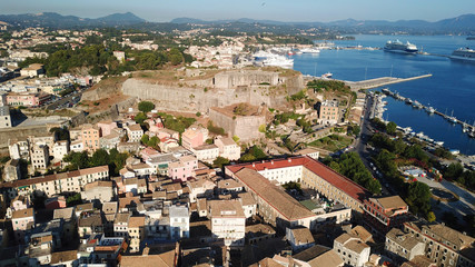 Aerial drone view of iconic and picturesque old town of Corfu island a UNESCO world heritage site, Ionian, Greece