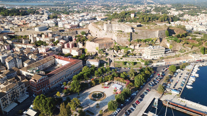 Obraz premium Aerial drone view of iconic and picturesque old town of Corfu island a UNESCO world heritage site, Ionian, Greece