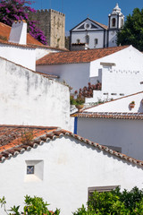 Fototapeta na wymiar Portugal, Obidos. Ancient red terra cotta tiled rooftops, lines. Old windows.