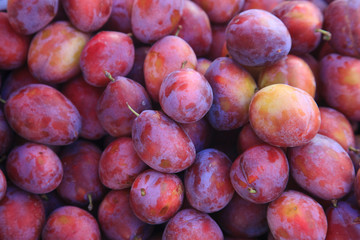Nectarines in a bin for sale at local open air market in town of Caldas da Rainha, Portugal