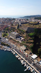 Aerial drone view of iconic and picturesque old town of Corfu island a UNESCO world heritage site, Ionian, Greece