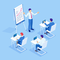 Isometric Business Training concept. Group of businessmen studies data. Office work crowd, team meeting, and discussion.