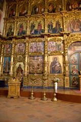 Fototapeta na wymiar Russia, Golden Ring city of Uglich located on the Volga. Cathedral of Our Savior's Transfiguration. Ornate gold altar. 