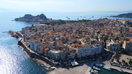 Aerial drone view of picturesque old town of Corfu island featuring iconic castle a UNESCO world heritage site, Ionian, Greece