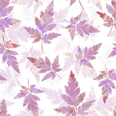 Fototapeta na wymiar Falling leaves. Hand painted seamless pattern. Watercolour texture. Decorative background for fabric, wrapping paper, cards, websites. Botanical illustration. Mixed media artwork.