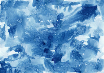 Abstract watercolor texture. Can be used as a decorative background for creative design of posters, cards, invitations, wallpapers. Modern artwork. Blue brush strokes, white background.