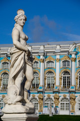 Fototapeta na wymiar Russia, St. Petersburg, Catherine's Palace (aka Bolshoi Yekaterinsky Dvorets). Palace view from gardens.