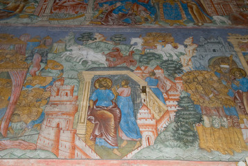 Fototapeta na wymiar Russia, Golden Ring city of Yaroslavl. 17th century Church of Elijah the Prophet (aka Tserkov Ilyi Proroka), interior ceiling & wall frescos. UNESCO