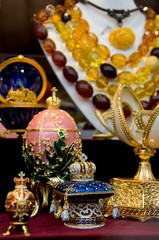 Russia, Moscow, Arbat Street. Popular shopping area filled with up-scale stores & cafes. Expensive Russian souvenirs, Faberge style eggs & Amber jewlery. 