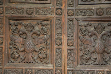 Russia, Yaroslavl, Golden Ring city on the banks of the Volga. Alexander Nevsky church, ornate wooden doors.