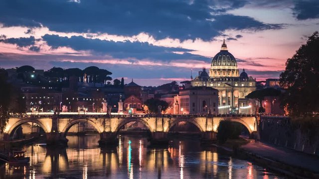 hyper lapse of St. Peter's Basilica, Sant Angelo Bridge, Vatican, Rome, Italy