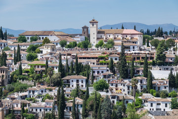 Fototapeta na wymiar Spain, Andalusia. Granada. View from the Alhambra gardens across town to the matador of San Nicolas.