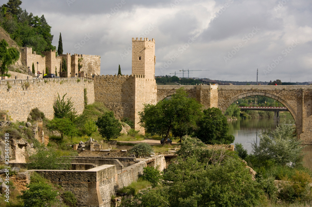 Sticker Spain, Castilla-La Mancha,Toledo. City walls around the Tagus river (aka Rio Tajo).