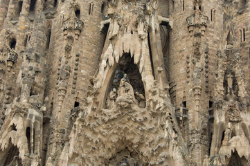 Spain, Barcelona. Gaudi's La Sagrada Familia, Nativity Facade detail.