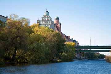 Naklejka premium Stockholm, Sweden - View from the water of a waterfront cityscape.