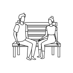 young lovers couple seated in park chair characters