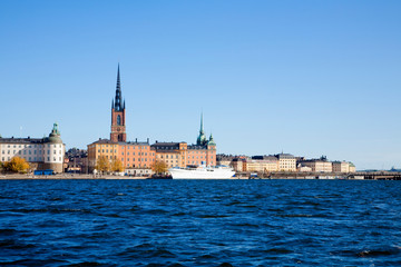 Fototapeta na wymiar Stockholm, Sweden - View from the water of a waterfront cityscape.