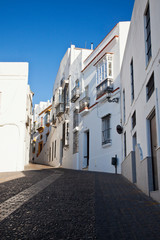 Fototapeta na wymiar Spain, Andalusia, Cadiz Province, Arcos De la Fontera. Typical narrow streets and whitewashed houses.