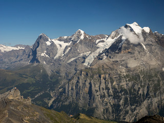 Switzerland, Bern Canton, Schilthorn, Panorama Terrace, view of Eiger, Monk, and Jungfrau
