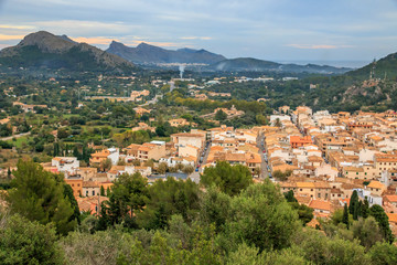 Fototapeta na wymiar Spain, Balearic Islands, Mallorca, Pollenca. Territorial view from the top of stairs at Calvari, Calvary Chapel.