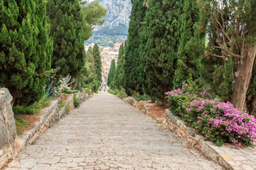 Spain, Balearic Islands, Mallorca, Pollenca. Stairs to Calvari Chapel.