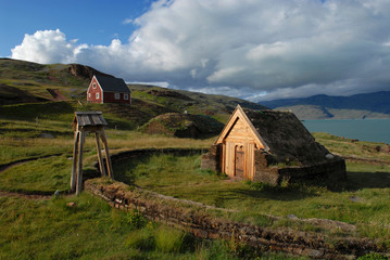 Greenland, Erik's Fjord, Brattahlid. Replica of Thjodhild's Church originally built in the summer...