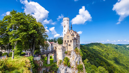Lichtenstein Castle in Baden-Wurttemberg, Germany. Scenic panorama of old castle on cliff. Mountain...