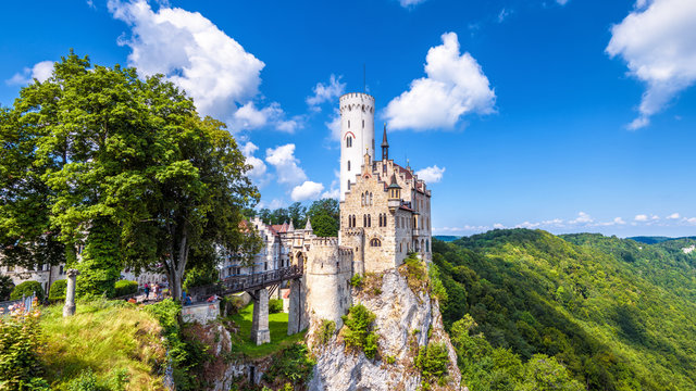Lichtenstein Castle in Baden-Wurttemberg, Germany. Scenic panorama of old castle on cliff. Mountain landscape of Swabian Alps.