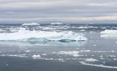 Ilulissat Icefjord also called kangia or Ilulissat Kangerlua, view over Disko Bay. The icefjord is...