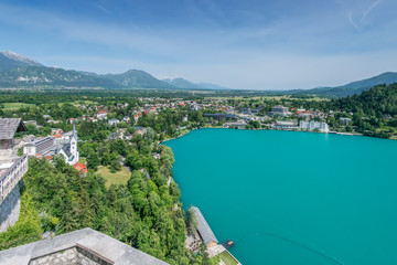 Slovenia, Bled, Lake Bled and Bled Town View from Bled Castle