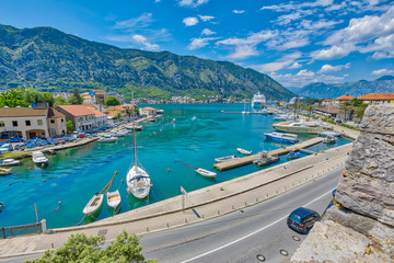Montenegro, Kotor. View of city and harbor. 