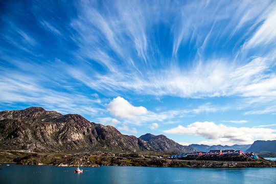 Greenland, Sisimiut, the bay and harbor of Sisimiut, with its colorful town houses