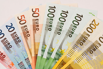 Close-up of different Euro notes. 