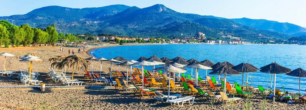 Greek summer hollidays -Lesvos island , Petra village, popular tourist resort. Greece