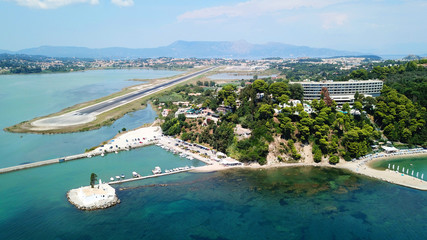 Aerial drone photo of small airport of Corfu island in Kanoni area, Ionian, Greece - obrazy, fototapety, plakaty