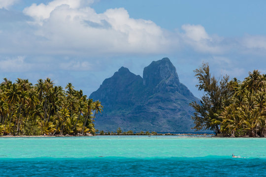 Pacific Ocean, French Polynesia, Society Islands, Leeward Islands, Bora Bora. View of extinct volcano and peaks of Mount Otemanu and Mount Pahia between palms as seen from Tahaa lagoon.