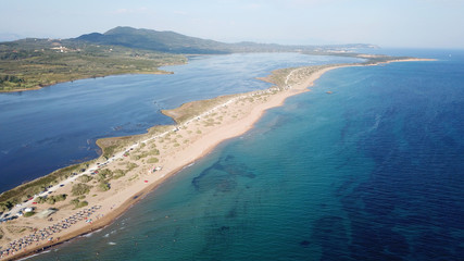 Aerial drone photo of iconic lake of Korission a natural preserve and beach of Halikounas, Corfu island, Ionian, Greece