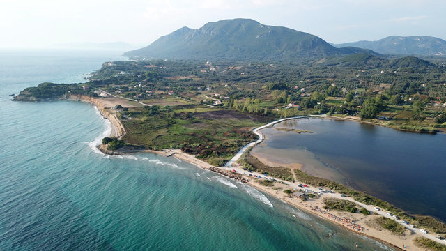 Aerial drone photo of iconic lake of Korission a natural preserve and beach of Halikounas, Corfu island, Ionian, Greece