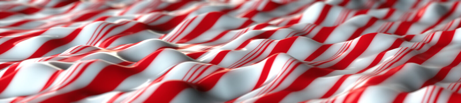 An illustration of a white and red peppermint candy sheet. wavy background with red and white stripes and Depth of Field, macro, wide banner panoramic.