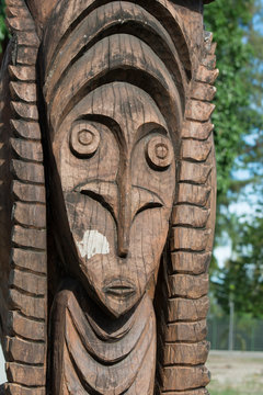 Melanesia, Solomon Islands, Guadalcanal Island, capital city of Honiara. Detail of traditional wood carving of mask.