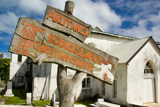 Polynesia, Cook Islands, Aitutaki. Wooden Sign For Cook Islands Christian Church. Credit As: Wendy Kaveney/ Jaynes Gallery/ DanitaDelimont.com