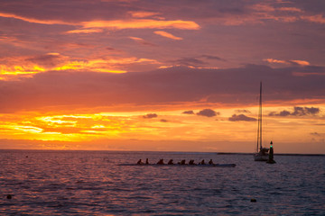 Canoe. Sunset. Tahiti. French Polynesia.