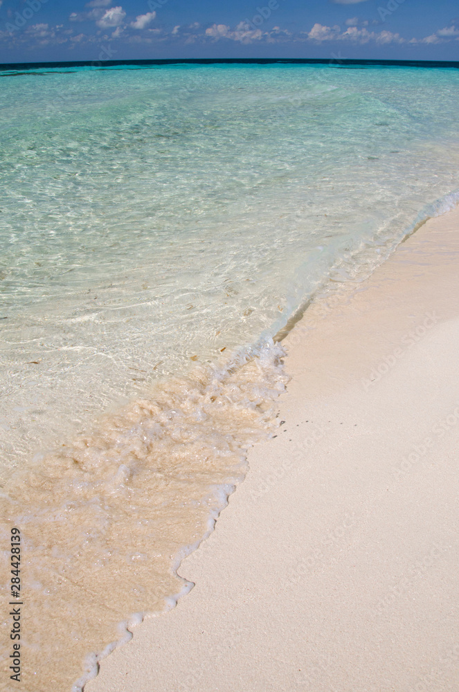 Wall mural Belize, Caribbean Sea. Goff Caye, a small island off the shore of Belize City, Belize along the Barrier Reef. Sandy beachfront view of Goff Caye. UNESCO