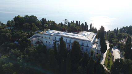 Aerial drone photo of iconic Palace of Achileion former residence Empress Elisabeth of Austria...