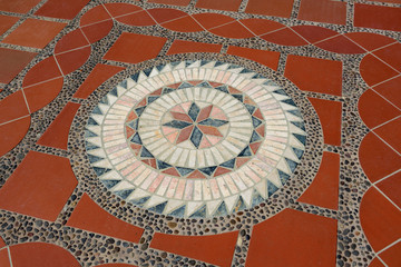 Ecuador, Pichincha, Quito. Geometric tile floor, Rincon de Puembo, Manuel Burbano, N6-66, Puembo, Ecuador