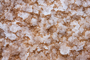 Macro shot of salt being mined in Uyuni with the largest crystals floating to the top of the pond.