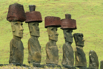 Chile, Easter Island, Rapa Nui, Ahu Nau-nau ceremonial site, Moai stone heads, Anakena Beach.