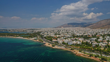Fototapeta na wymiar Aerial drone bird's eye view of famous seascape of Athens Riviera, Voula, Attica, Greece